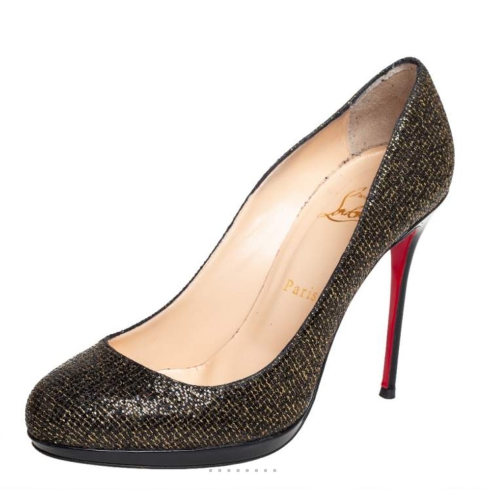 Christian Louboutin Black and Gold Glitter Patent Leather Pumps with Red Sole
